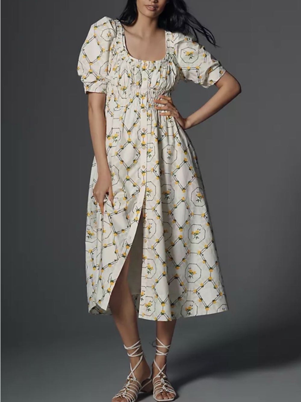 Anthropologie Short-Sleeve Yellow Rose Midi Dress Small